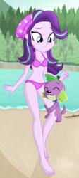 Size: 632x1409 | Tagged: safe, alternate version, artist:charliexe, spike, spike the regular dog, starlight glimmer, dog, equestria girls, g4, barefoot, beach, beanie, belly button, bikini, breasts, clothes, collar, cutie mark on clothes, duo, eyes closed, feet, female, forest, hat, hug, leg hug, male, sand, ship:sparlight, shipping, sky, smiling, stick, straight, swimsuit, tree, water