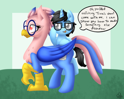 Size: 1500x1200 | Tagged: safe, artist:sabrib, oc, oc only, oc:tinker doo, oc:vivian iolani, classical hippogriff, hippogriff, pony, unicorn, dialogue, female, glasses, male