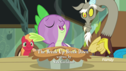 Size: 1920x1080 | Tagged: safe, screencap, big macintosh, discord, spike, draconequus, dragon, earth pony, pony, g4, the break up breakdown, discovery family logo, eyes closed, food, male, opening credits, pie, stallion, trio
