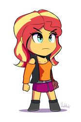 Size: 897x1341 | Tagged: safe, artist:0ndshok, sunset shimmer, equestria girls, equestria girls series, g4, chibi, clothes, cute, female, no nose, serious, serious face, shimmerbetes, simple background, solo, white background