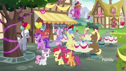 Size: 1920x1080 | Tagged: safe, screencap, amethyst star, apple bloom, coco crusoe, daisy, flower wishes, goldengrape, lily, lily valley, lucky clover, rainbowshine, roseluck, royal riff, scootaloo, sir colton vines iii, sparkler, sweetie belle, earth pony, pegasus, pony, unicorn, g4, the break up breakdown, background pony, cafe, cutie mark crusaders, discovery family logo, female, filly, heart, heart balloon, hoof hold, male, mare, ponies standing next to each other, stallion