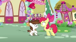 Size: 1920x1080 | Tagged: safe, screencap, apple bloom, pipsqueak, earth pony, pony, g4, the break up breakdown, alarmed, coat markings, colt, discovery family logo, duo, female, filly, male, pinto, raised hoof, scary face
