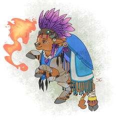 Size: 2000x2000 | Tagged: safe, artist:sourcherry, oc, oc only, bison, buffalo, fallout equestria, anklet, armor, buffalo oc, clothes, feather, fire, high res, magic, rearing, shaman, solo, spirit