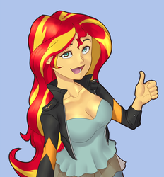 Size: 1666x1794 | Tagged: safe, artist:avirextin, sunset shimmer, equestria girls, g4, breasts, cleavage, clothes, female, jacket, leather jacket, open mouth, pants, solo, thumbs up