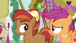 Size: 1920x1080 | Tagged: safe, screencap, button mash, scootaloo, earth pony, pegasus, pony, g4, the break up breakdown, beanie, colt, discovery family logo, duo, female, filly, hat, liquid button, male, propeller hat