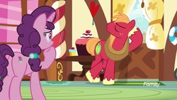 Size: 1920x1080 | Tagged: safe, screencap, big macintosh, sugar belle, earth pony, pony, unicorn, g4, the break up breakdown, butt, cutie mark, discovery family logo, duo, female, freckles, leaning, male, mare, stallion, sugar butt, unamused