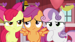 Size: 1920x1080 | Tagged: safe, screencap, apple bloom, scootaloo, sweetie belle, earth pony, pegasus, pony, unicorn, g4, the break up breakdown, cutie mark crusaders, discovery family logo, female, filly, hoof on chin, trio