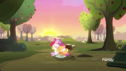 Size: 1920x1080 | Tagged: safe, screencap, apple bloom, scootaloo, sweetie belle, earth pony, pony, g4, the break up breakdown, apple tree, cutie mark crusaders, discovery family logo, female, filly, food, group hug, hug, pie, sunset, tree, tree stump, trio