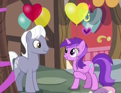 Size: 570x441 | Tagged: safe, screencap, amethyst star, royal riff, sparkler, sweetie belle, earth pony, pony, unicorn, g4, the break up breakdown, background pony, balloon, cropped, cute, cutie mark, duo focus, eye contact, female, grin, heart, heart balloon, hearts and hooves day, hoof hold, looking at each other, male, mare, offscreen character, ponies standing next to each other, royalstar, shipping fuel, smiling, stallion