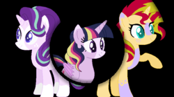 Size: 719x404 | Tagged: safe, artist:westrail642fan, starlight glimmer, sunset shimmer, twilight sparkle, alicorn, pony, unicorn, rise and fall, g4, alternate design, alternate timeline, alternate universe, asymmetry, blaze (coat marking), circle, coat markings, colored pupils, facial markings, female, magical trio, mare, raised hoof, simple background, socks (coat markings), sts trinity, transparent background, trio, trio female, twilight sparkle (alicorn)