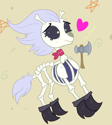 Size: 2816x3162 | Tagged: safe, artist:paskanaakka, derpibooru exclusive, skellinore, skeleton pony, g4, the break up breakdown, axe, bandana, bone, boots, cute, dungeons and dragons, female, frown, heart, high res, mare, ogres and oubliettes, shoes, skeleton, skellibetes, solo, stars, weapon, wide eyes