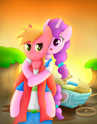 Size: 720x920 | Tagged: safe, artist:berryveloce, big macintosh, sugar belle, earth pony, pony, unicorn, semi-anthro, g4, the break up breakdown, carrying, cart, clothes, female, freckles, male, ship:sugarmac, shipping, smiling, stallion, straight, wagon