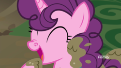 Size: 1920x1080 | Tagged: safe, screencap, sugar belle, pony, unicorn, g4, my little pony: friendship is magic, the break up breakdown, cute, discovery family logo, eyes closed, female, mare, mud, nose wrinkle, open mouth, solo, sugarbetes, weapons-grade cute