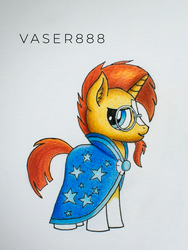 Size: 600x800 | Tagged: safe, artist:vaser888, sunburst, pony, unicorn, g4, clothes, looking at you, male, smiling, solo, stallion, traditional art