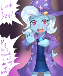 Size: 600x720 | Tagged: safe, artist:tzc, trixie, equestria girls, g4, blushing, cape, clothes, cute, diatrixes, female, hat, implied jack pot, magic trick, open mouth, solo, speech bubble, trixie's cape, trixie's hat, younger