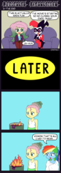 Size: 450x1260 | Tagged: safe, artist:empyu, fluttershy, rainbow dash, equestria girls, g4, 4 panel comic, burning, clothes, comic, costume, couch, dialogue, female, fire, harley quinn, simple background, sitting, smiling, speech bubble, the joker