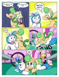 Size: 1280x1656 | Tagged: safe, artist:zanezandell, princess cadance, oc, oc:harvest dawn, oc:truffle mint, oc:vanilla snow, earth pony, pony, unicorn, comic:cmcnext, g4, :p, clothes, cmcnext, colt, comic, female, filly, gun, headband, magical lesbian spawn, male, musket, offspring, parent:bon bon, parent:lyra heartstrings, parent:princess cadance, parent:shining armor, parents:lyrabon, parents:shiningcadance, pushing, raised hoof, scarf, shirt, shove, skirt, speech bubble, this will end in death, this will end in tears, this will end in tears and/or death, tongue out, unamused, weapon