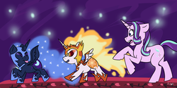 Size: 6000x3000 | Tagged: safe, artist:kiwiscribbles, daybreaker, nightmare moon, starlight glimmer, a royal problem, g4, chase, cute, daybweaker, diabreaker, female, filly, moonabetes, nightmare woon, younger