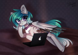Size: 2000x1400 | Tagged: safe, artist:ten-dril, oc, oc only, pegasus, pony, bed, computer, female, laptop computer, mare, on bed, prone, solo