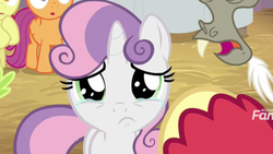Size: 2208x1242 | Tagged: safe, screencap, apple bloom, big macintosh, discord, scootaloo, sweetie belle, pony, unicorn, g4, the break up breakdown, crying, cute, cutie mark crusaders, diasweetes, female, filly, looking at you, sad, sadorable, solo focus, teary eyes, woobie