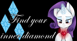 Size: 1024x539 | Tagged: safe, artist:mimicproductions, rarity, pony, g4, black background, fire ruby, flared, gem, heart, ruby, simple background, solo, text