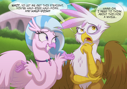 Size: 1400x990 | Tagged: safe, artist:littlehybridshila, gilda, silverstream, classical hippogriff, griffon, hippogriff, g4, dialogue, digital art, duo, female, shrug, smiling, speech bubble