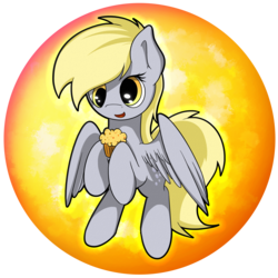 Size: 2539x2539 | Tagged: safe, artist:flamevulture17, derpy hooves, pegasus, pony, g4, female, flying, food, high res, mare, muffin, orb, simple background, smiling, solo, transparent background