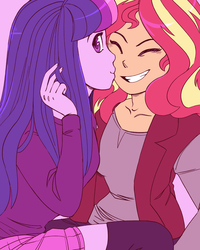 Size: 2400x3000 | Tagged: safe, artist:overlordneon, sunset shimmer, twilight sparkle, human, equestria girls, g4, clothes, duo, eyes closed, female, high res, humanized, kissing, lesbian, looking at you, ship:sunsetsparkle, shipping, skirt, smiling, socks