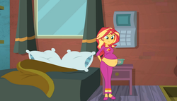 Size: 8222x4690 | Tagged: safe, artist:myfavoritepreggopics, artist:pacificside18, edit, vector edit, sunset shimmer, equestria girls, g4, absurd resolution, bed, belly, belly button, big belly, calendar, clothes, female, looking down, nightstand, pajamas, pregnant, pregnant equestria girls, shadow, slippers, solo, sunset's apartment, update, vector, window