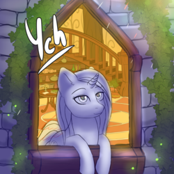 Size: 2400x2400 | Tagged: safe, artist:mintjuice, firefly (insect), advertisement, candle, commission, dishes, fireworks, high res, night, sparks, stairs, stone, table, tower, tree, watching, window, your character here