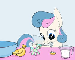 Size: 1280x1024 | Tagged: safe, artist:tiny-little-lyra, bon bon, lyra heartstrings, sweetie drops, earth pony, pony, unicorn, g4, banana, female, food, lesbian, micro, milk, ship:lyrabon, shipping, size difference