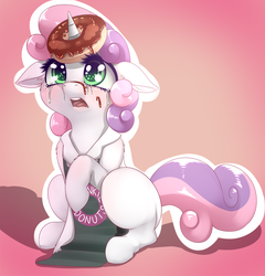 Size: 1952x2036 | Tagged: dead source, safe, artist:dankflank, sweetie belle, pony, unicorn, g4, apron, blushing, clothes, crying, cute, diasweetes, donut, dunkin donuts, female, filly, floppy ears, food, horn, horn impalement, lifted leg, open mouth, sad, solo, the uses of unicorn horns, woobie