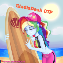Size: 3000x3000 | Tagged: safe, artist:katakiuchi4u, gladys, rainbow dash, blue crushed, equestria girls, equestria girls series, g4, beach, cap, cargo ship, clothes, cloud, eyes closed, female, geode of super speed, gladysdash, hat, he doesn't deserve you, high heels, high res, magical geodes, midriff, ocean, sand, shipping, shorts, smiling, solo, sun, surfboard, swimsuit, wat, water