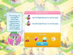 Size: 2048x1536 | Tagged: safe, gameloft, spike, star swirl the bearded, starlight glimmer, twilight sparkle, g4, game, game screencap, ponyville