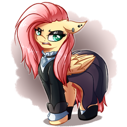Size: 3900x3900 | Tagged: safe, artist:witchtaunter, fluttershy, pegasus, pony, fake it 'til you make it, clothes, dress, ear piercing, earring, eyeshadow, female, floppy ears, fluttergoth, goth, jewelry, lidded eyes, makeup, mare, open mouth, piercing, shoes, simple background, solo
