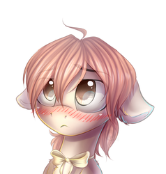 Size: 1146x1205 | Tagged: dead source, safe, artist:freckleplant, earth pony, pony, ahoge, anime, bloom into you, blush lines, blushing, bow, bowtie, bust, commission, cute, eye clipping through hair, female, floppy ears, koito yuu, looking at you, manga, mare, ponified, simple background, solo, white background, yaga kimi, yagate kimi ni naru, yuu koito