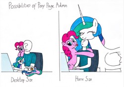 Size: 3493x2460 | Tagged: safe, artist:killerteddybear94, pinkie pie, princess celestia, oc, oc:anon, human, pony, g4, :p, computer, cute, cutelestia, daaaaaaaaaaaw, diapinkes, eyes closed, female, frown, high res, hug, laptop computer, leaning, mare, missing accessory, open mouth, pointing, pony sized pony, pouting, princess celestia is a horse, prone, silly, simple background, size difference, smiling, tongue out, traditional art, trio, white background