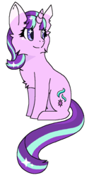 Size: 571x1132 | Tagged: safe, artist:eveniing12, derpibooru exclusive, starlight glimmer, pony, unicorn, g4, alternate design, alternate universe, cheek fluff, chest fluff, colored ears, colored pupils, female, long tail, looking at something, ms paint, simple background, sitting, smiling, solo, starry eyes, torn ear, white background, wingding eyes