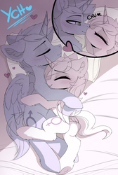 Size: 2856x4240 | Tagged: safe, artist:magnaluna, bed, commission, cuddling, cute, female, kissing, male, ych example, your character here