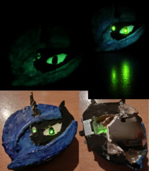 Size: 2356x2716 | Tagged: safe, artist:bastler, derpibooru exclusive, queen chrysalis, changeling, changeling queen, g4, 3d print, brooch, bust, collage, electronics, female, glow in the dark, glowing eyes, high res, irl, led, light, painted, photo, portrait, solo