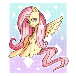 Size: 900x900 | Tagged: safe, artist:avelleva, fluttershy, pegasus, pony, g4, abstract background, female, looking at you, mare, missing cutie mark, sitting, smiling, solo, spread wings, wings
