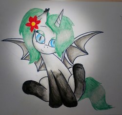 Size: 2302x2160 | Tagged: artist needed, safe, oc, oc only, oc:princess margarita, alicorn, bat pony, bat pony alicorn, pony, alicorn oc, drawing, female, flower, flower in hair, gradient hooves, high res, looking at you, slit pupils, solo, traditional art