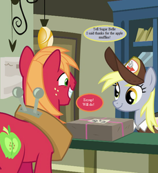 Size: 660x720 | Tagged: safe, edit, edited screencap, editor:korora, screencap, big macintosh, derpy hooves, earth pony, pegasus, pony, g4, the break up breakdown, cropped, female, hat, horse collar, implied sugar belle, mailmare hat, male, mare, parcel, post office, speech bubble, stallion, text