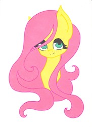 Size: 1275x1750 | Tagged: safe, artist:ocean-drop, fluttershy, pegasus, pony, g4, bust, female, looking at you, mare, portrait, simple background, smiling, solo, stray strand, traditional art, white background