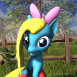Size: 1024x1024 | Tagged: safe, artist:christian69229, oc, oc only, oc:cuteamena, earth pony, pony, 3d, bow, bust, clothes, female, fence, looking at you, pleated skirt, portrait, skirt, smiling, socks, solo, source filmmaker, striped socks, tree