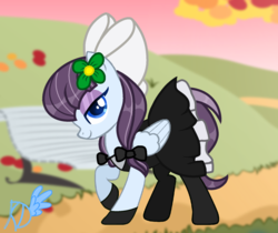 Size: 1674x1405 | Tagged: safe, artist:kestr-deord, oc, oc only, oc:venus viner, pegasus, pony, base used, bow, clothes, costume, dress, female, flower, flower in hair, hair bow, looking at you, maid, smiling, socks, solo