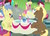 Size: 576x418 | Tagged: safe, screencap, coco crusoe, goldengrape, lily, lily valley, lucky clover, roseluck, scootaloo, sir colton vines iii, earth pony, pony, g4, my little pony: friendship is magic, the break up breakdown, background pony, balloon, bow, bush, cherry, clothes, cropped, cup, cutie mark, eyes closed, female, flower, flower in hair, food, grass, heart, hearts and hooves day, ice cream, implied gay, implied lesbian, laughing, lesbian, looking at each other, male, mare, plate, ponies standing next to each other, roselily, ship:cocogrape, shipping, sitting, smiling, stallion, table, vest