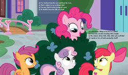 Size: 1224x720 | Tagged: safe, edit, edited screencap, editor:korora, screencap, apple bloom, pinkie pie, scootaloo, sweetie belle, earth pony, pegasus, pony, unicorn, g4, marks for effort, bush, cropped, cutie mark, cutie mark crusaders, female, filly, gilbert and sullivan, lyrics, music notes, school of friendship, song reference, text, the cmc's cutie marks, the yeomen of the guard
