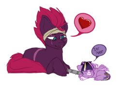 Size: 1800x1500 | Tagged: safe, artist:sodadoodle, derpibooru exclusive, tempest shadow, oc, oc:cattocat, pegasus, pony, unicorn, g4, amputee, baby, baby pony, bandage, behaving like a cat, broken horn, eye scar, female, heart, horn, magical lesbian spawn, mother and daughter, next generation, offspring, parent:tempest shadow, parent:twilight sparkle, parents:tempestlight, pictogram, prosthetic leg, prosthetic limb, prosthetics, scar, simple background, sleeping, speech bubble, transparent background