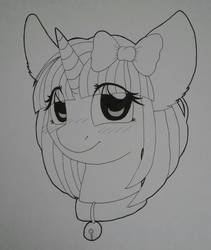 Size: 920x1090 | Tagged: safe, artist:adostume, oc, oc only, pony, unicorn, bell, bell collar, bow, collar, hair bow, smiling, solo, traditional art